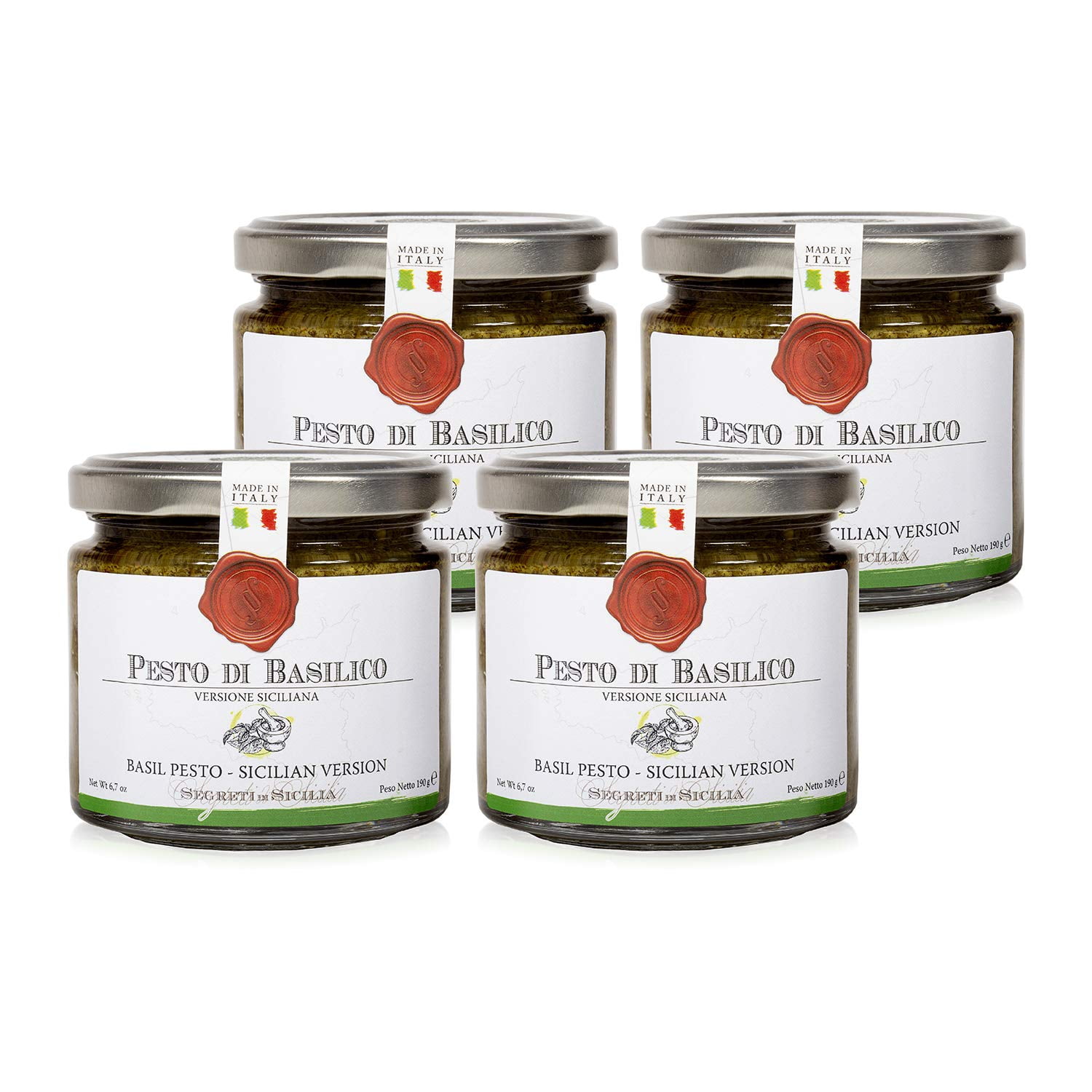 Frantoi Cutrera Classic Basil Pesto Sauce for Pasta and Bruschetta Topping, Creamy Italian Spread With Basil, Pistachio, Almonds, and EVOO, Product of Sicily, Italy Glass Jar, 6.7 oz - Pack of 4