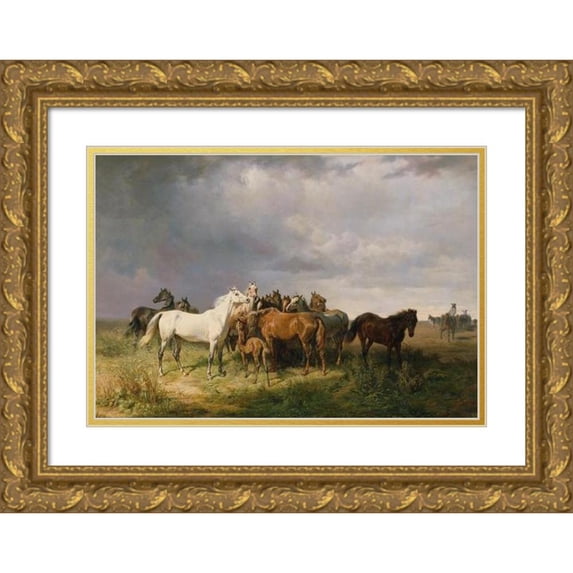 Franz Adam 18x14 Gold Ornate Wood Frame and Double Matted Museum Art Print Titled - Horses on the Puszta (1858)