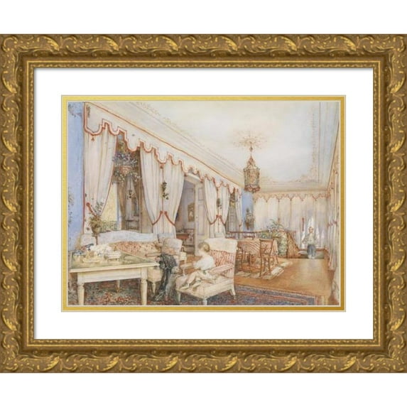Franz Alt 18x15 Gold Ornate Wood Frame and Double Matted Museum Art Print Titled - Interior with Dog and Child (1840)