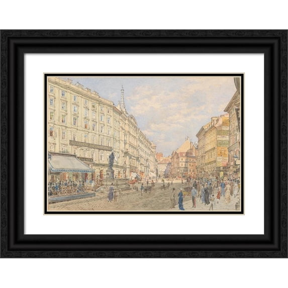Franz Alt 24x18 Black Ornate Framed Double Matted Museum Art Print Titled: Graben in Vienna with the Leopoldsbrunnen (1878)