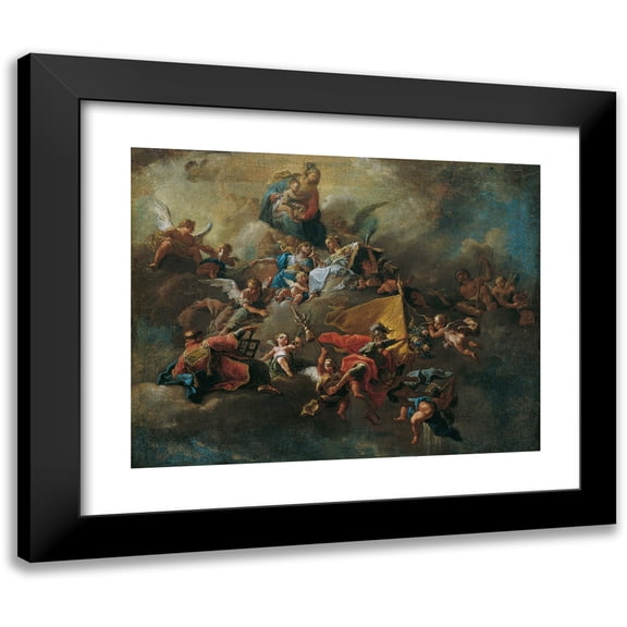Franz Anton Palko 14x12 Black Modern Framed Museum Art Print Titled - Mary with the Child and Saints, Enthroned on Clouds (1730)