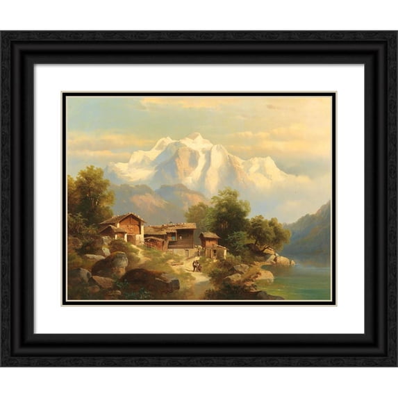 Franz Barbarini 18x15 Black Ornate Wood Framed Double Matted Museum Art Print Titled - Scene in Switzerland