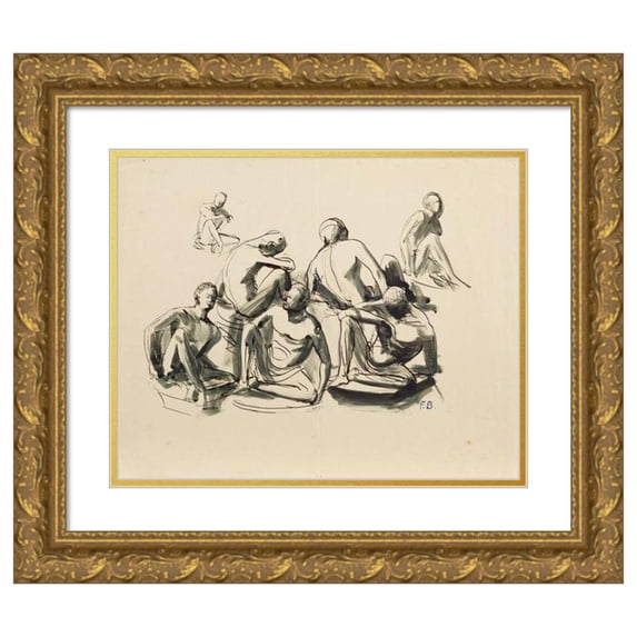 Franz Barwig the Elder 14x12 Gold Ornate Wood Frame and Double Matted Museum Art Print Titled - Seven Sitting Youngsters (1927-1931)