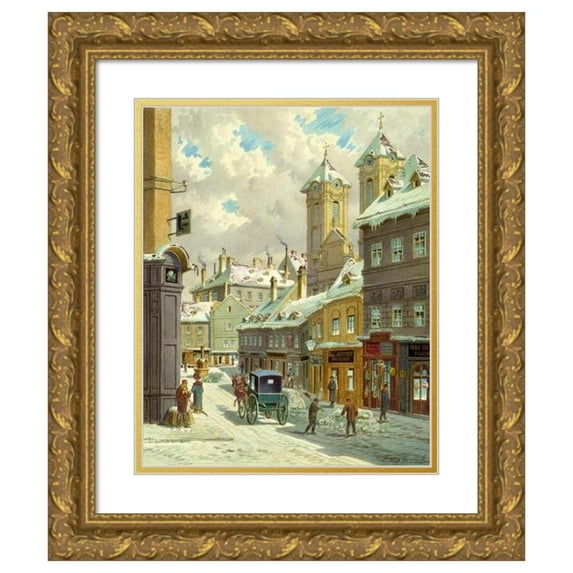 Franz Gerasch 12x14 Gold Ornate Wood Frame and Double Matted Museum Art Print Titled - Neustiftgasse in Vienna with the Ulrichskirche