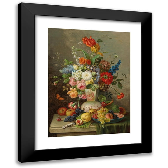 Franz Hohenberger 11x14 Black Modern Framed Museum Art Print Titled - Large Piece of Flowers with Fruit on Stone Slab
