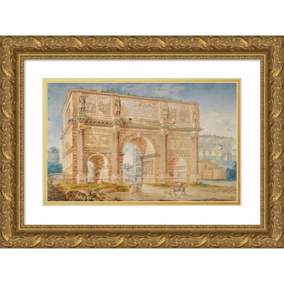 Franz Kaisermann 24x17 Gold Ornate Framed and Double Matted Museum Art Print Titled - The Arch of Constantine and Part of the Colosseum (1810)