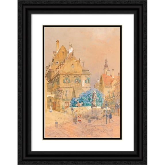Franz Kopallik 11x14 Black Ornate Wood Framed Double Matted Museum Art Print Titled: A Corner of a Street with a Lilac Bush and the Statue of a Madonna