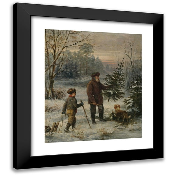 Franz Krüger 12x14 Black Modern Framed Museum Art Print Titled - Preliminary Christmas. Father and Son Beat a Christmas Tree in the Winter Forest