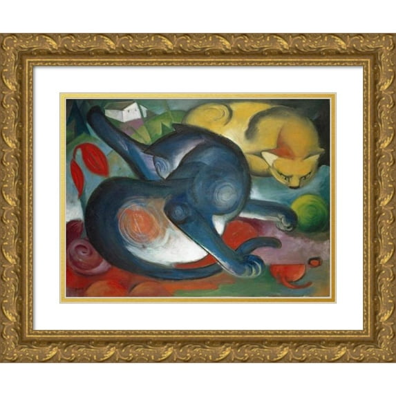Franz Marc 24x19 Gold Ornate Framed and Double Matted Museum Art Print Titled - Two Cats, Blue and Yellow (1912)