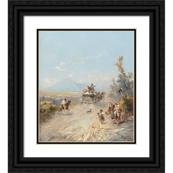 Franz Richard Unterberger 12x14 Black Ornate Wood Framed Double Matted Museum Art Print Titled: On the Way to Pompeii, with Vesuvius Beyond