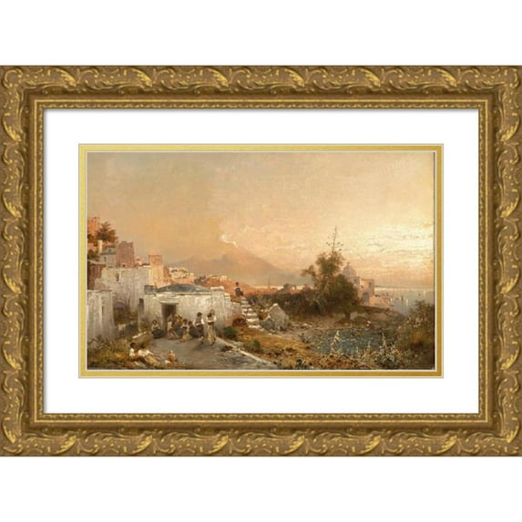Franz Richard Unterberger 18x12 Gold Ornate Wood Frame and Double Matted Museum Art Print Titled - On the Veranda, in the Background Naples