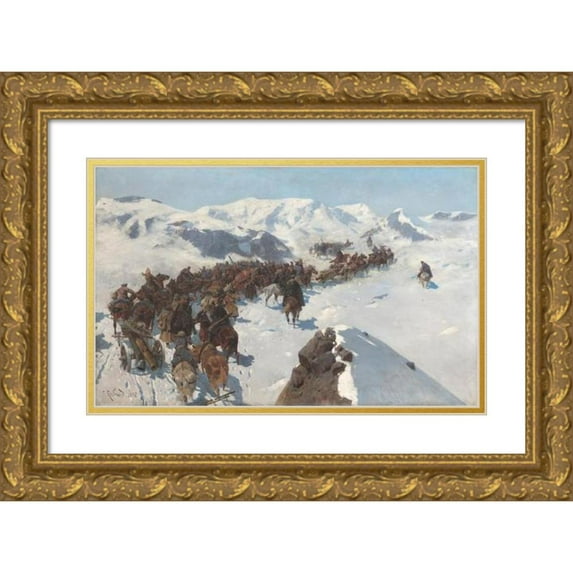 Franz Roubaud 24x17 Gold Ornate Framed and Double Matted Museum Art Print Titled - Crossing by Argutinsky Through the Snowy Mountains of the Caucasus in 1853 (1892)