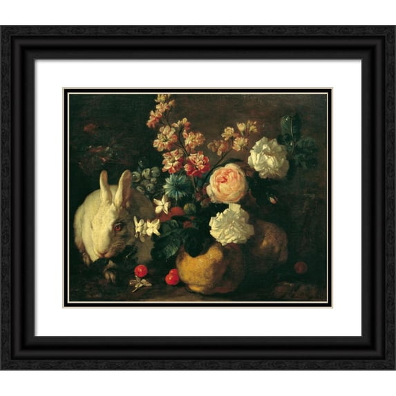 Franz Werner von Tamm 14x12 Black Ornate Wood Framed Double Matted Museum Art Print Titled: Still Life with Rabbits, Flowers and Fruits (1720-1724)