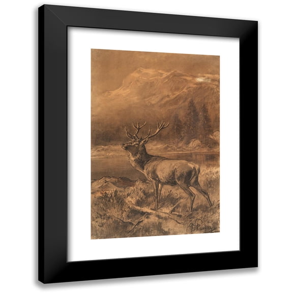Franz Xaver von Pausinger 13x18 Black Modern Framed Museum Art Print Titled - Hirsch in Front of the Mountain Landscape
