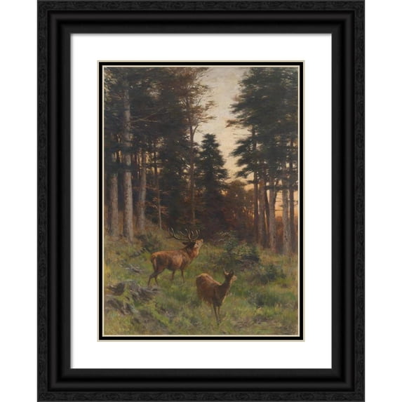 Franz Xaver von Pausinger 14x18 Black Ornate Wood Framed Double Matted Museum Art Print Titled - Red Deer at Dusk