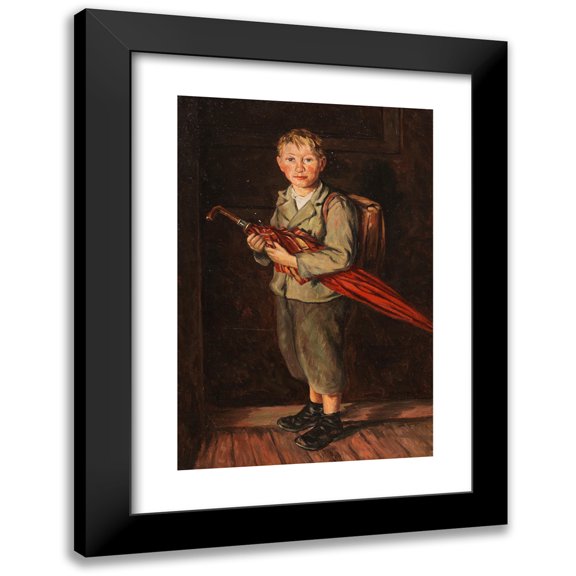 Franz von Defregger 11x14 Black Modern Framed Museum Art Print Titled - Bauernbub with Umbrella and Satchel (1901)