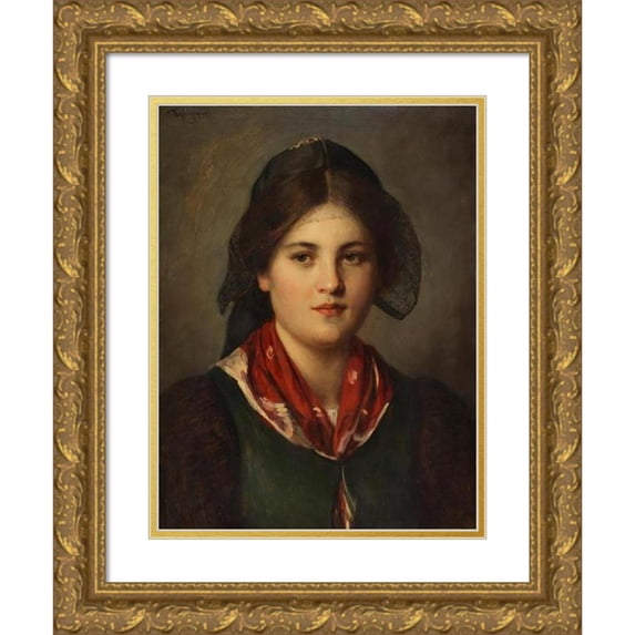 Franz von Defregger 19x24 Gold Ornate Framed and Double Matted Museum Art Print Titled - Dirndl with Lace Hood (1880-90)