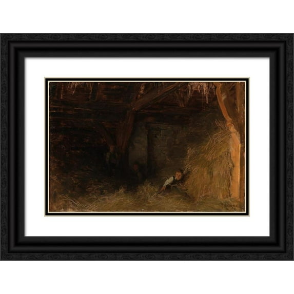 Franz von Defregger 24x17 Black Ornate Framed Double Matted Museum Art Print Titled: Three Boys in the Straw (In the Hay Barn).Tif”