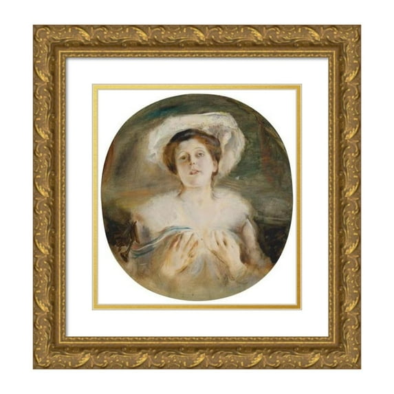 Franz von Lenbach 15x16 Gold Ornate Wood Frame and Double Matted Museum Art Print Titled - Portrait of a Lady with White Hat