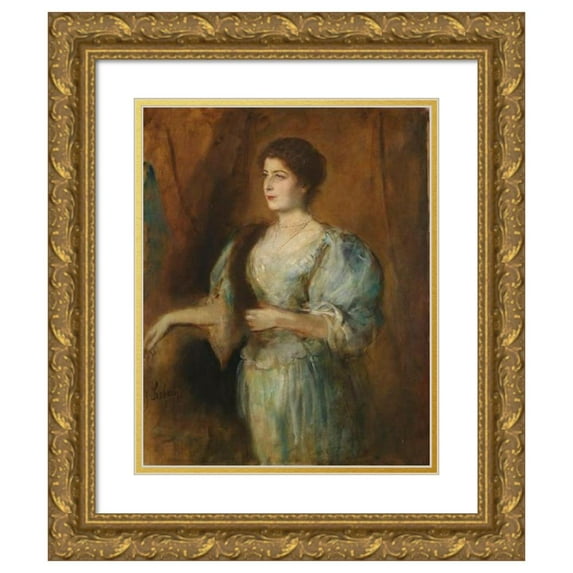 Franz von Lenbach 15x18 Gold Ornate Wood Frame and Double Matted Museum Art Print Titled - Portrait of a Lady with a Pearl Chain and Fur Stola (1900)