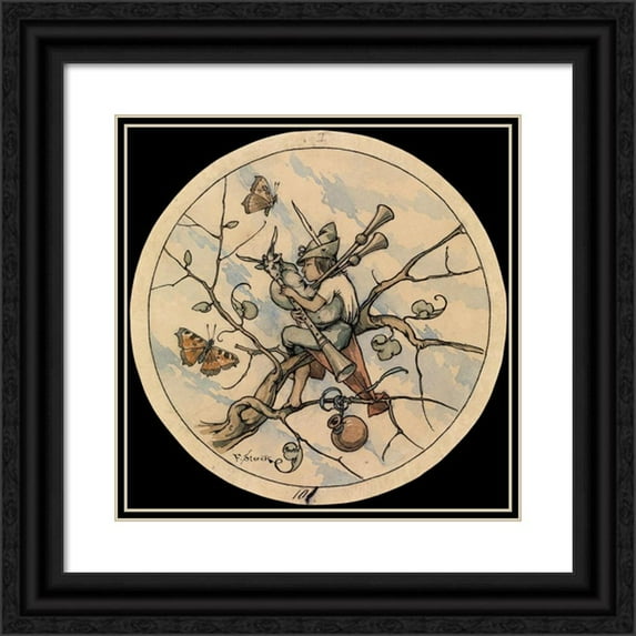 Franz von Stuck 12x12 Black Ornate Wood Framed Double Matted Museum Art Print Titled: Bagpipes (Approx. 1880)