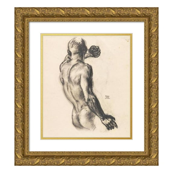 Franz von Stuck 12x13 Gold Ornate Wood Frame and Double Matted Museum Art Print Titled - Male Back Act (Study of ‘Medusa’) (1908)