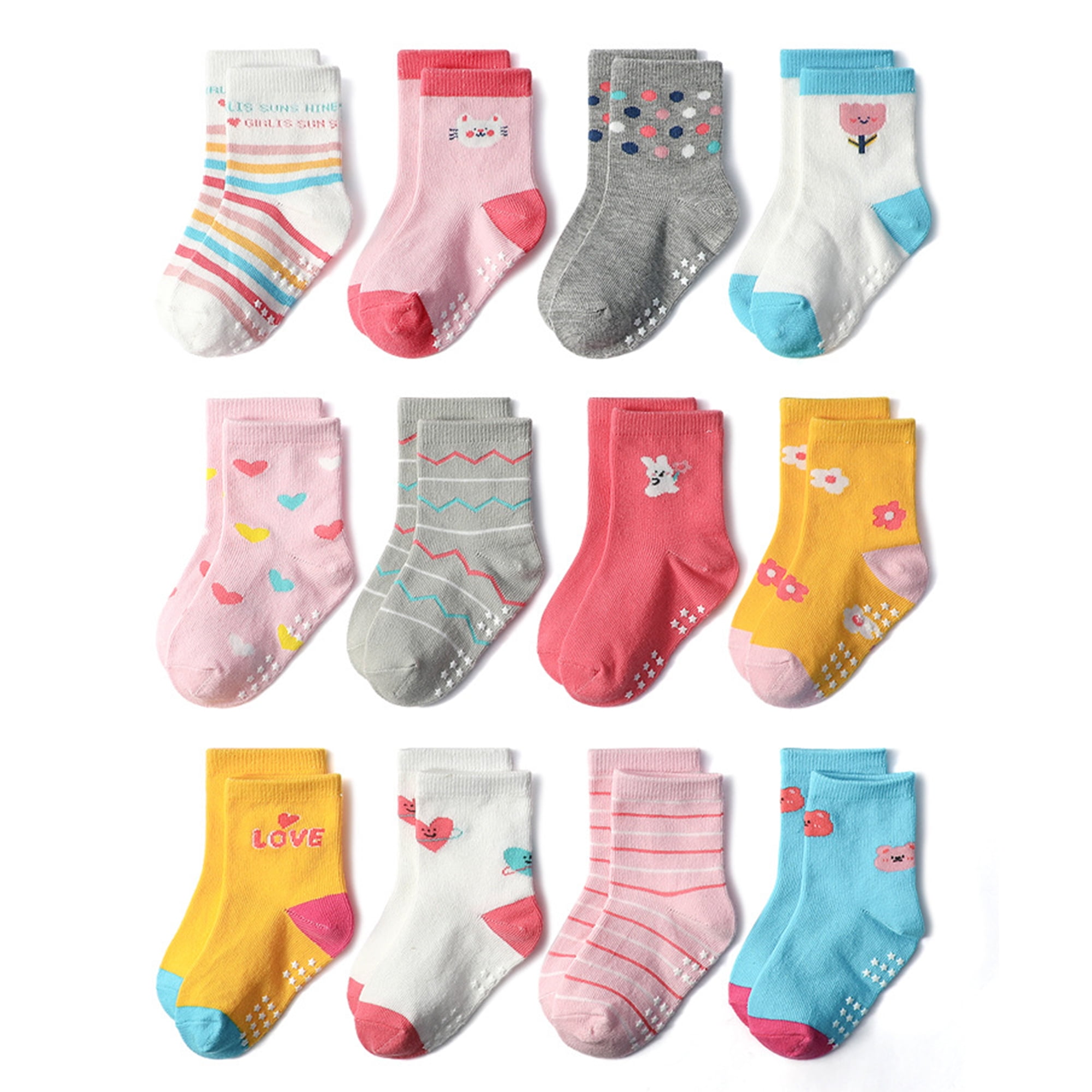 Fraobbg 12 Pack Baby Cotton Socks With Grips Toddlers Anti Slip Crew