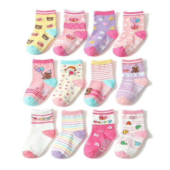 Fraobbg 12 Pack Baby Girls Non Slip Skid Crew Socks Toddlers Infant Cotton Grips Ankle Socks
