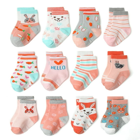 Fraobbg 12 Pack Baby Girls Non Slip Skid Crew Socks Toddlers Infant Cotton Grips Ankle Socks