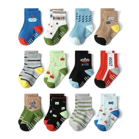 Fraobbg 12 Pairs Baby Anti Slip Crew Socks with Grips Toddlers Little Boys Girls Infants Kids Non Skid