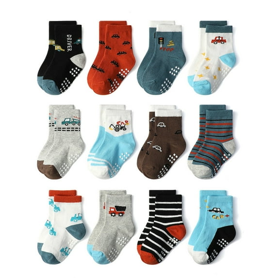 Fraobbg 12 Pairs Baby Anti Slip Crew Socks with Grips Toddlers Little Boys Girls Infants Kids Non Skid