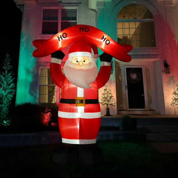Fraser Hill Farm 10 ft Tall Santa Holding HO HO HO Sign, Outdoor Blow-Up Christmas Inflatable with Lights and Storage Bag, FHFSANTA104-L