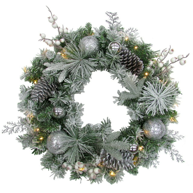 Fraser Farm Hill 24" Glitter Berry/Sugar Ball Snowy Wr on Mixed Pine, BO LED Lights/Timer