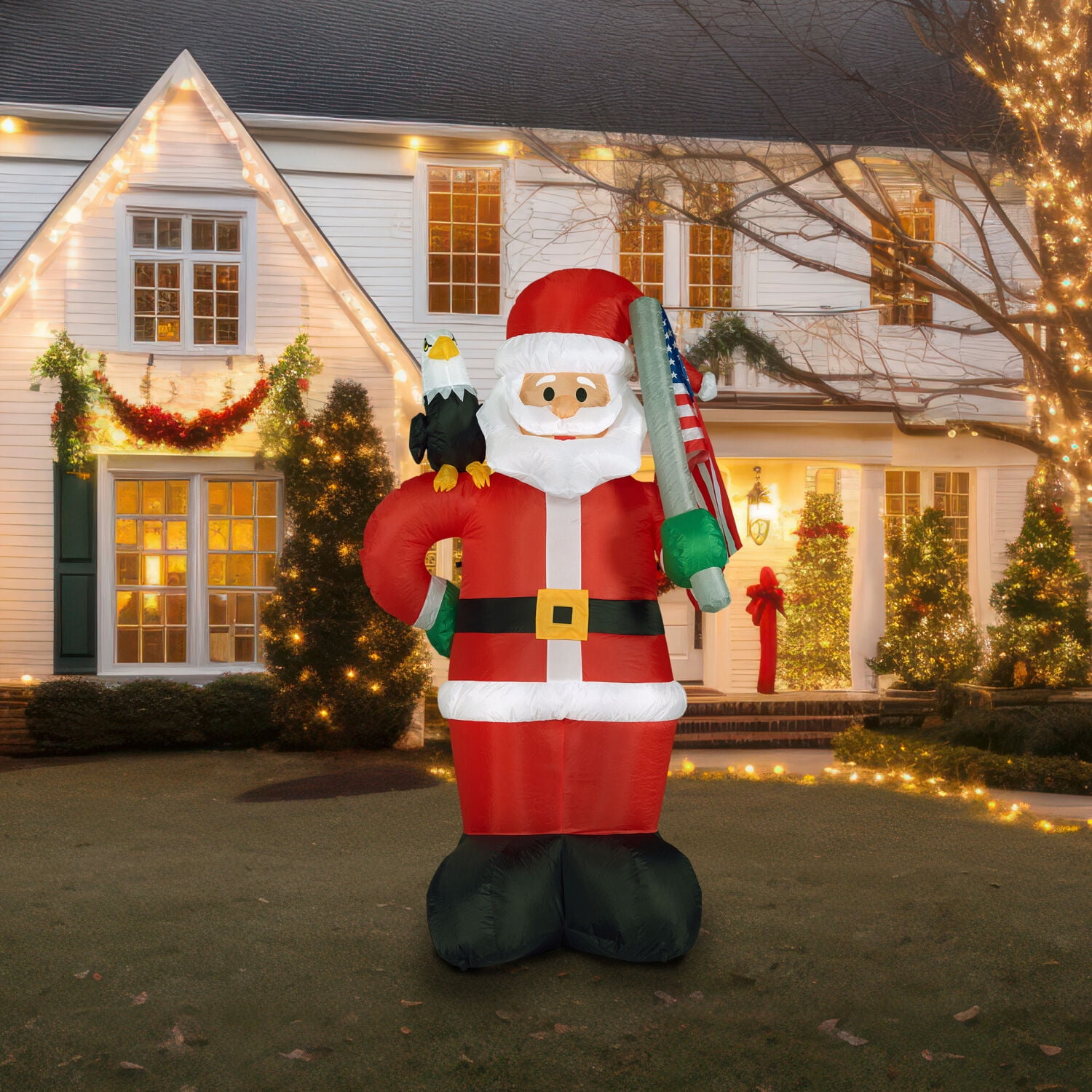 Fraser Hill Farm 8 ft Tall Americana Santa Inflatable with Eagle and American Flag, FHFSANTA081-L