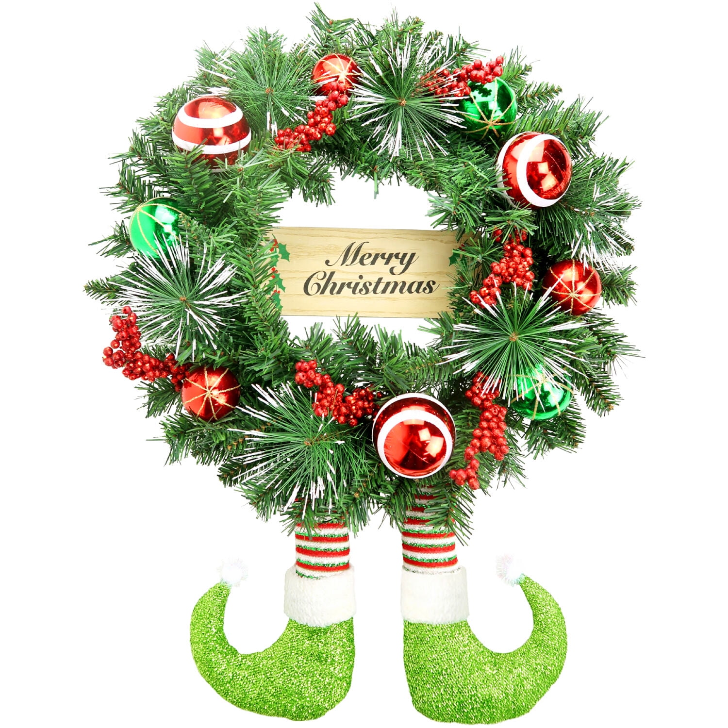 24-Inch Artificial Pine Christmas Wreath with Elf Boots and Ornaments
