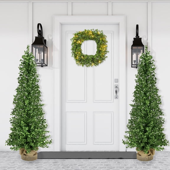 Fraser Hill Farm 4-Ft. Boxwood Porch Tree in Burlap Bag, Set of 2, FFBXPT048-0GR/S2