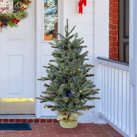 Fraser Hill Farm 4 ft. Heritage Pine Artificial Tree with Burlap Base and Multi-Colored LED String Lights, FFHP056-6GRB