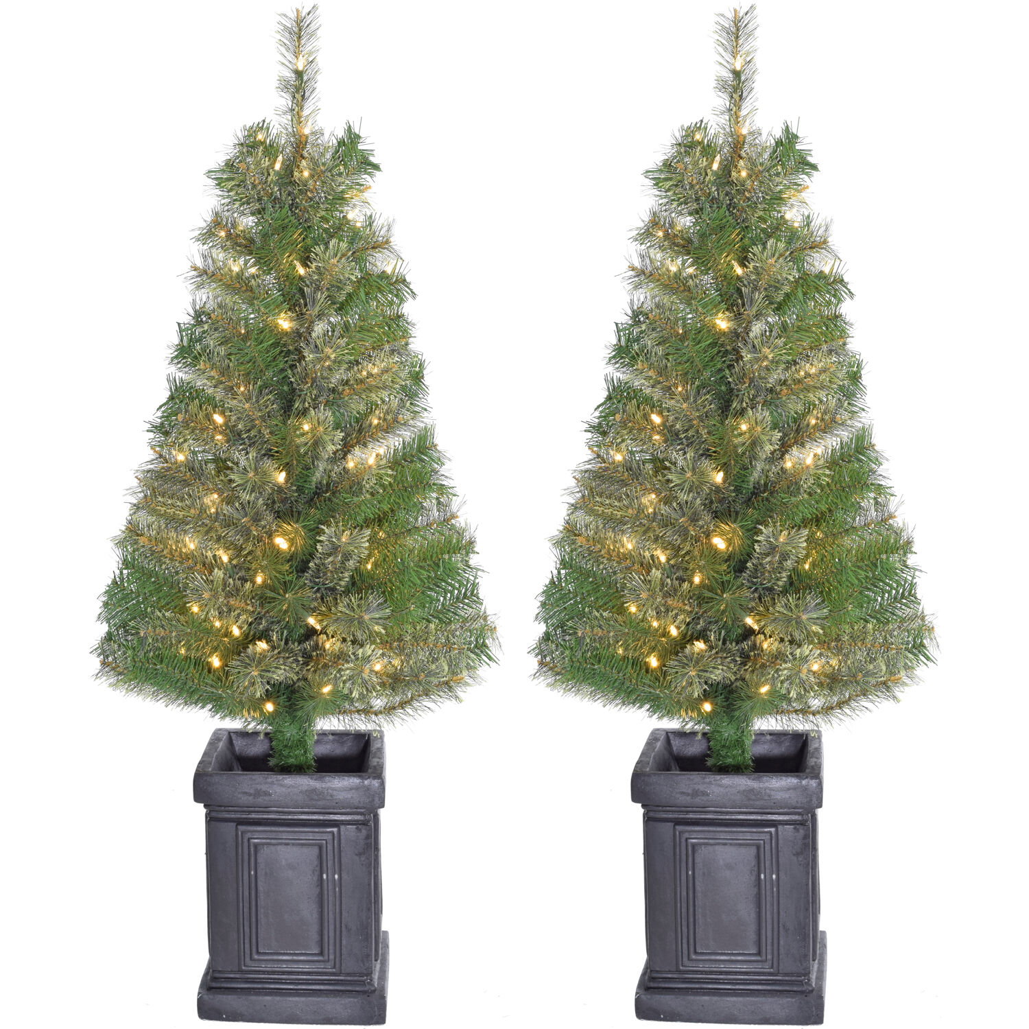 Fraser Hill Farm 4-Ft. Set of 2 Porch Accent Tree in Black Pot with Warm White LED Lighting - image 1 of 6