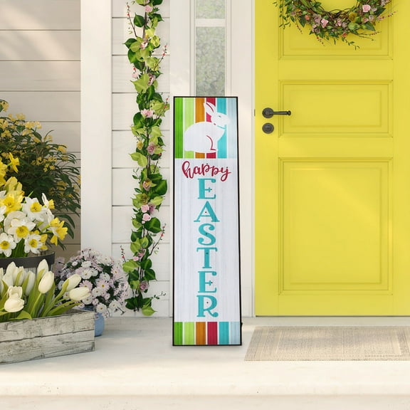 Fraser Hill Farm 45-inch Happy Easter Front Porch Sign with Built-In LED Lights and Bunny, Battery Operated, Spring Porch Leaner, Festive Holiday Decor for Home, Patio, Easter Decor, Multicolor