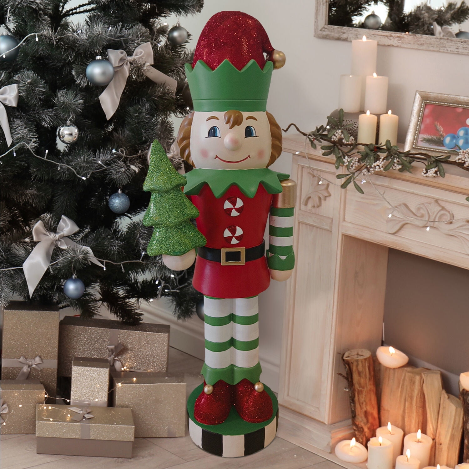 Fraser Hill Farm 48-inch Elf Nutcracker Figurine Holding Tree in Red/Green