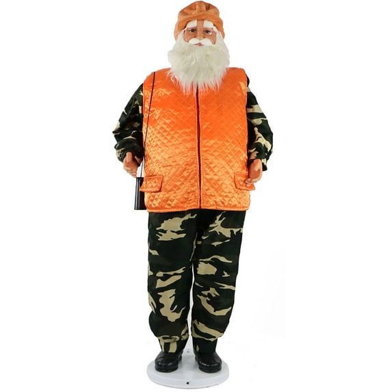 Fraser Hill Farm 58" Dancing Camo Santa in Orange Vest and Cap with Binoculars, Life-Size Christmas Holiday Home Decorations