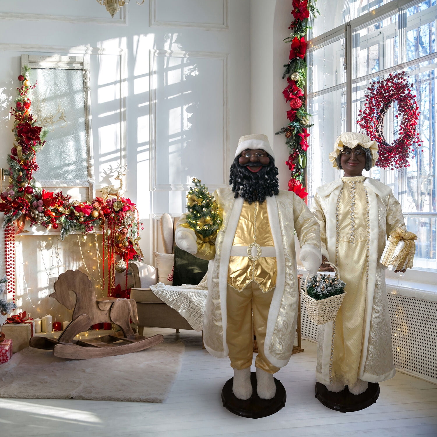 Life-Size Gold and White Dancing Santa Claus with LED Tree