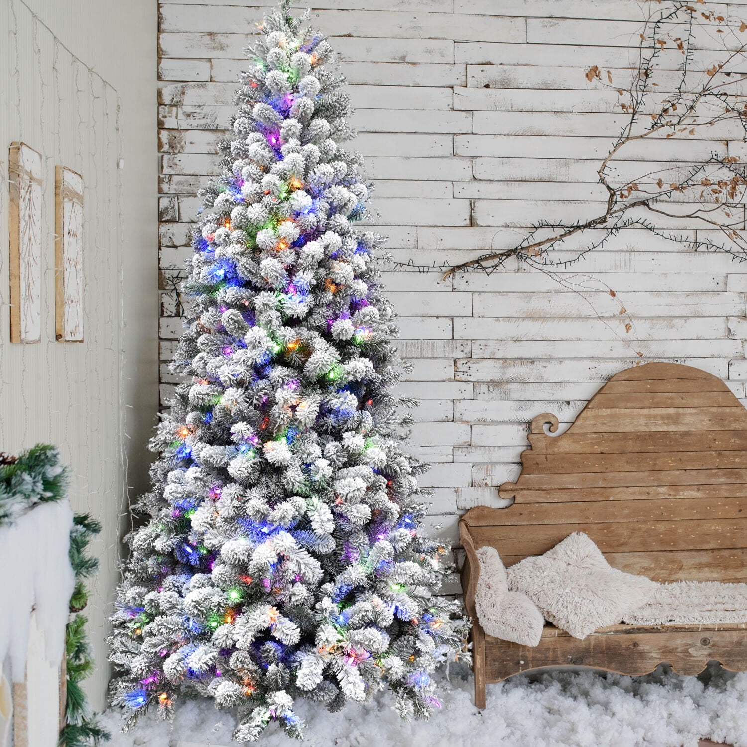 6.5-Foot Flocked Alaskan Pine Christmas Tree with Multicolor LED Lights