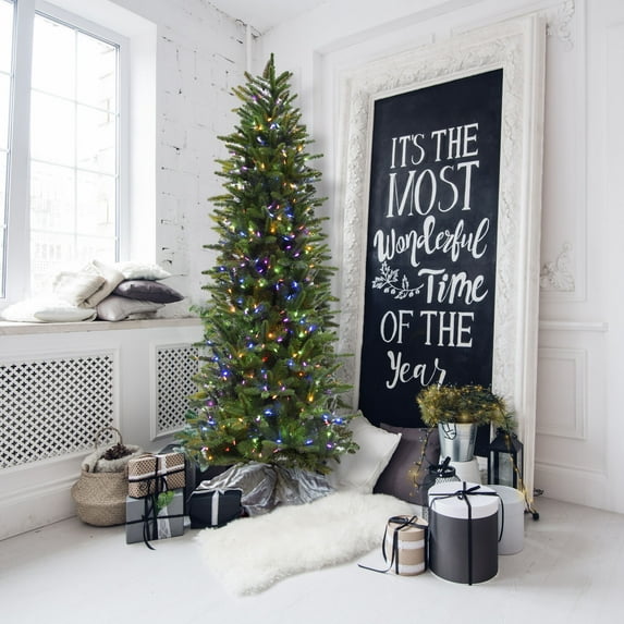 Fraser Hill Farm 6.5 Ft. Carmel Pine Slim Artificial Christmas Tree with Multi-Color LED String Lighting