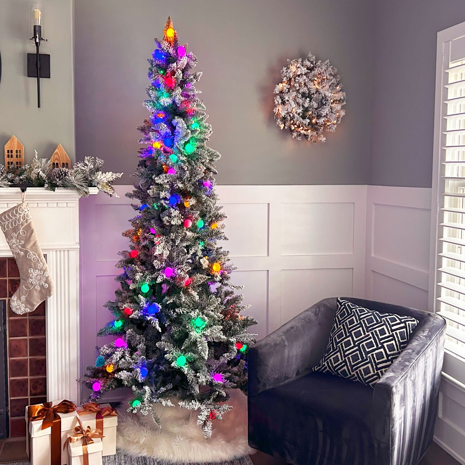 7.5-Ft Slim White Tail Pine Artificial Christmas Tree with Multicolor LED Lights