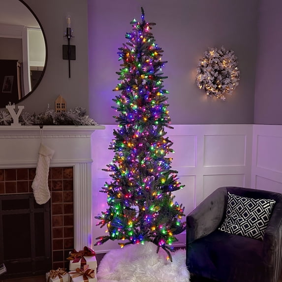 Fraser Hill Farm 7.5 ft. Carmel Pine Slim Artificial Christmas Tree, 750 Dual LED Lights