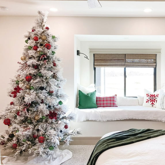 Fraser Hill Farm 7.5-ft. Pre-Lit Snow Flocked Snowy Pine Artificial Christmas Tree with Warm White LED String Lights
