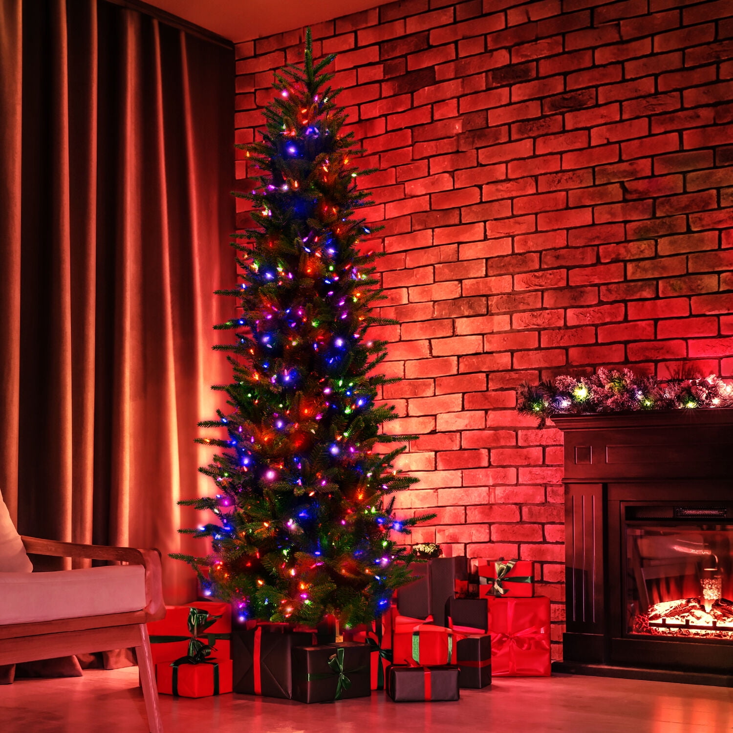 Carmel 9-Ft Slim Pine Artificial Christmas Tree with Multicolor LED Lights