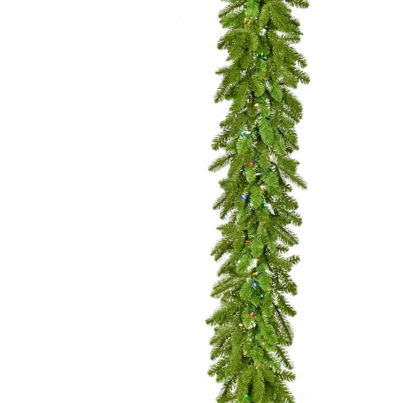 Fraser Hill Farm 9-Ft. Grandland Garland with Multi-Color LED Lights | Battery-Operated | Festive Christmas Holiday Decor for Fireplace Mantel, Staircase, Console Table | FFGT108G-6GR