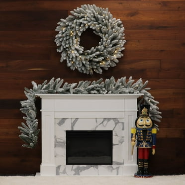 Fraser Hill Farm 9-Ft. Icy Frost Snow Flocked Garland with Warm White LED Lights, Battery Operated, Festive Christmas Holiday Decor for Fireplace Mantel, Stairway, Console Table,FFIF108GL-5SN